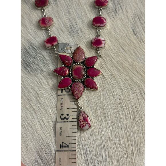 Native American SW Sterling Silver Pink Red Jasper Huge Cluster Necklace Lariat - Picture 9 of 16